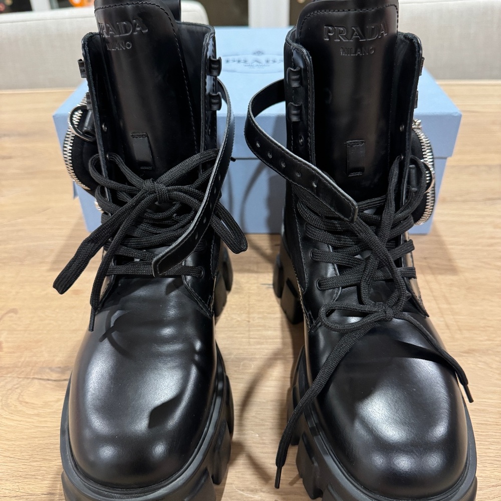 NEW Prada Black Monolith Leather Boots W/ Re-Nylon Pouch Size 39EU